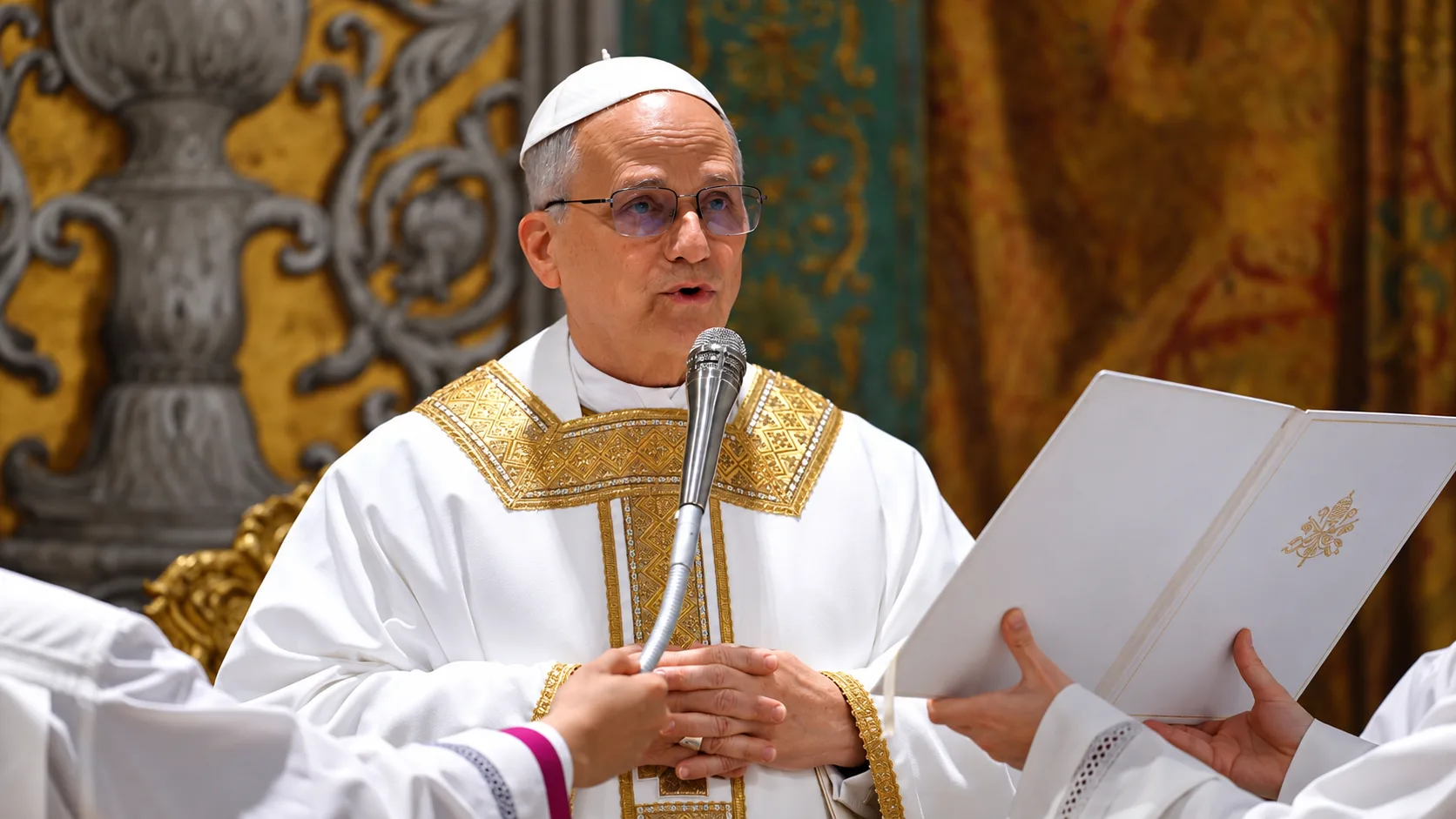 Papa Leão XIV durante viagem à França, em contexto de discurso sobre paz e unidade na Europa.