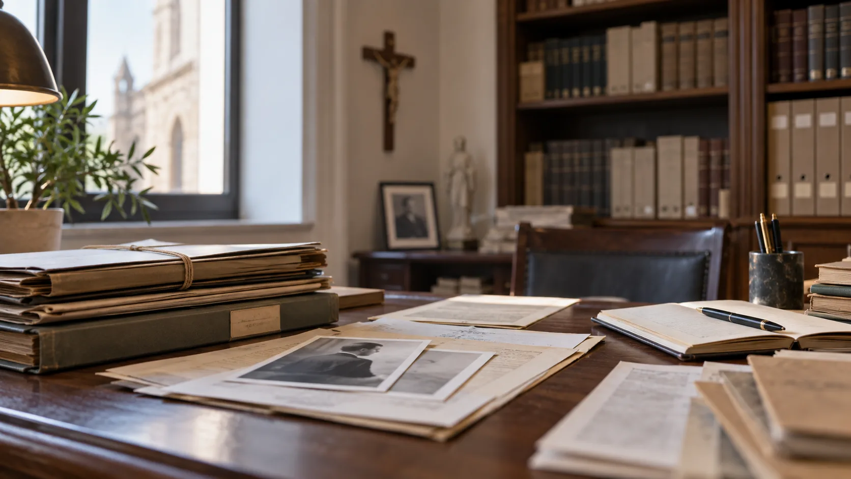 Documentos e arquivos em ambiente eclesiástico, representando a investigação de um processo de canonização na Igreja Católica.